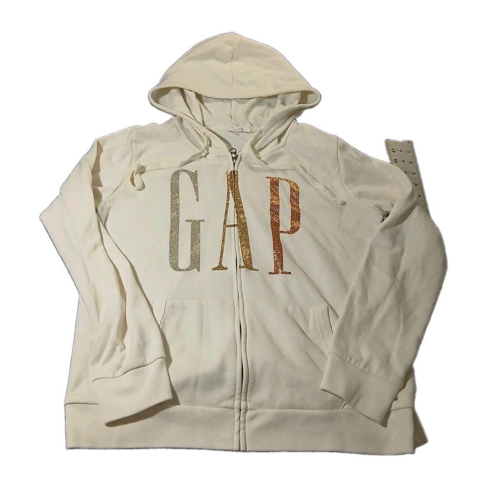 Gap Women's Sweatshirt Hoodie Full Zip Logo Long Sleeved White Size M Medium